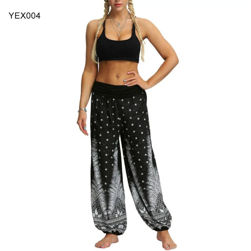 Women Trousers Loose Wide Leg Pants Pants Elastic Waist Bohemian Woman Feather/Flower Print Baggy Harem Pantalon Femme