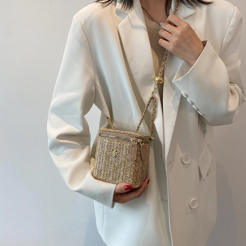 the PICNIC BOHO - Mini Straw Bucket Crossbody Bag for Women, Summer Weave Women's Brand Handbags and Purses, Fashion Chain Simple Shoulder Bags