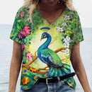 the PEACOCK - 3D Peacock Feathers Print Fashion Short Sleeve Casual V-Neck T-Shirts for Women