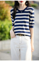 the CASHMERE - Sweater Short Sleeved Striped Sweater Pullover Knitted Cashmere Sweater for Women