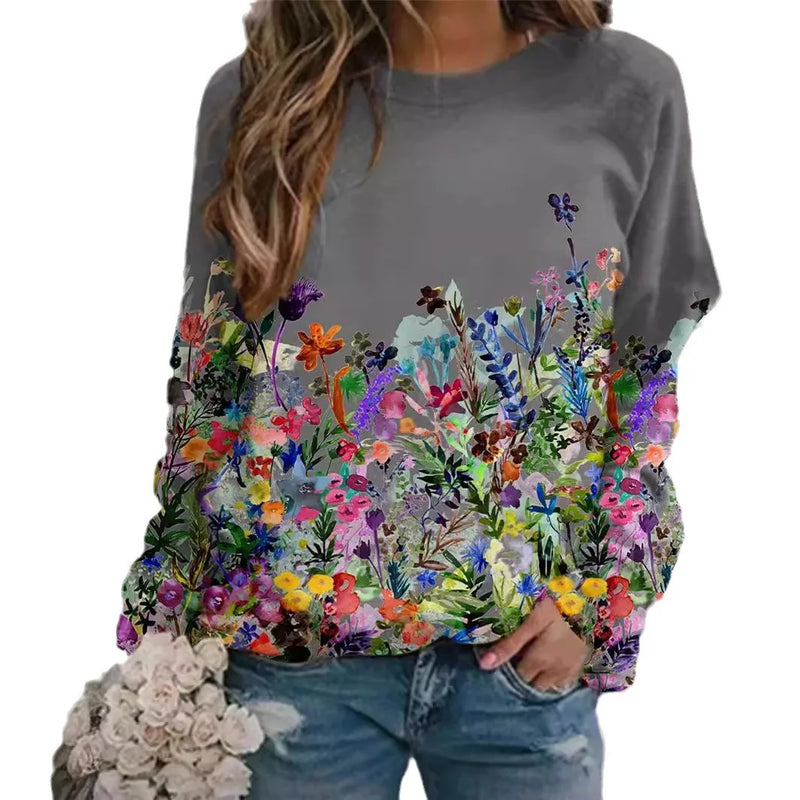 2024 New European and American Women's Flower Dog Pattern Printed Round Neck Hoodie, Casual and Fashionable Cudgeon Top