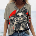 2023 Vintage Skull Face Women's T Shirt Tops V Neck Casual Cotton Short Sleeve Pullover Summer Female Harajuku Punk Streetwear