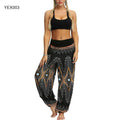 Women Trousers Loose Wide Leg Pants Pants Elastic Waist Bohemian Woman Feather/Flower Print Baggy Harem Pantalon Femme