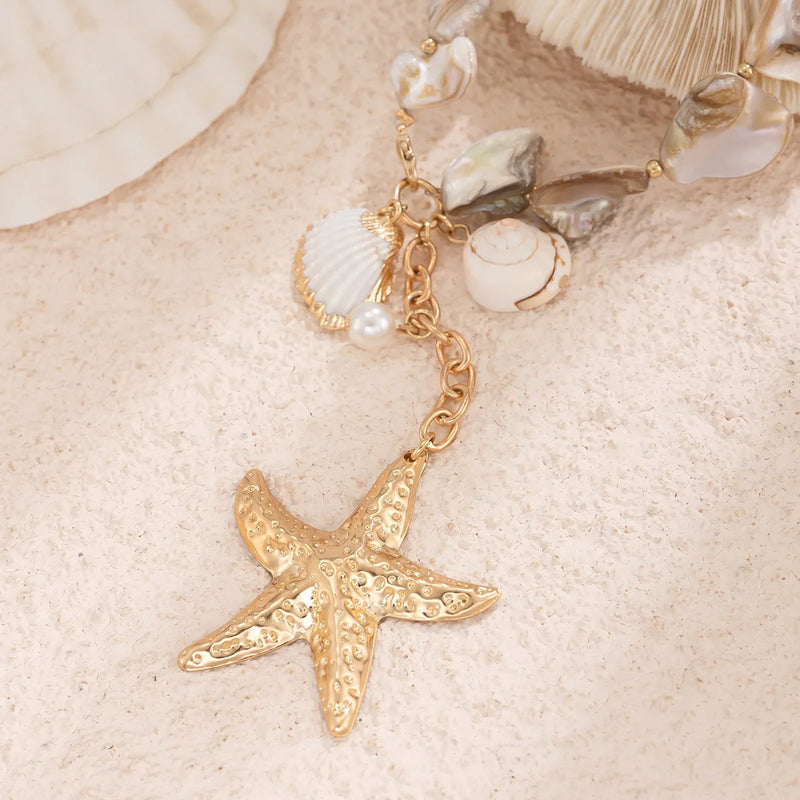 the BEACH COMBER - Retro Starfish White Shell Conch Pendant Necklace, Women Simple Creative Colorful Stones Hand Woven Beach Jewelry