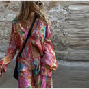 the AMARYLLIS - Bohemia Print Shirt/Pants Sets Lapel Long Sleeve Single Breasted Shirts High Waist Wide Leg Trouser