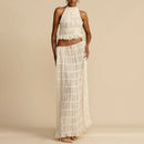 the BELLY DANCER - Sexy Boho Backless Matching Suit 2 Piece Beach Outfits Vintage Ruched Halter Cami Tops + Maxi Long Skirt