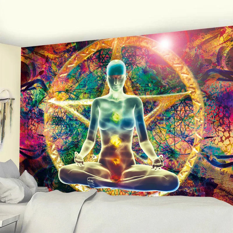 the MEDITATION - Mandala Seven Chakra Psychedelic Scene Home Decor Art Tapestry Hippie Wall Hanging, Boho Room Wall Decor