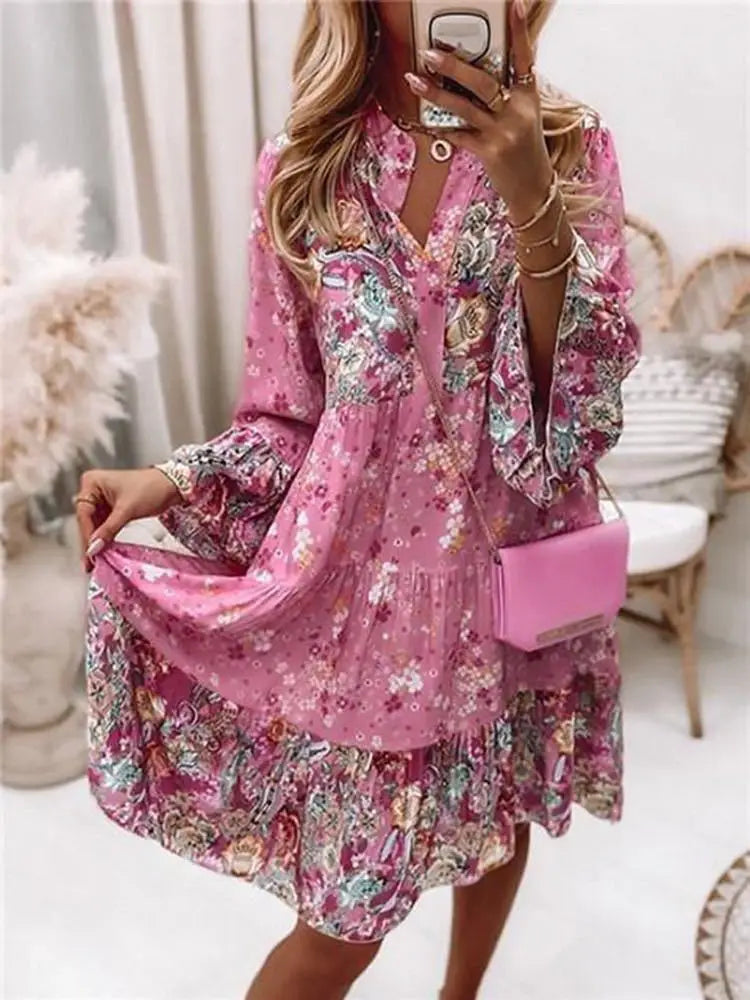 Casual Floral Print Dresses For Women 2024 Sping Summer Boho V Neck Loose A Line Dress Elegant Beach Party Dress Robe Femme