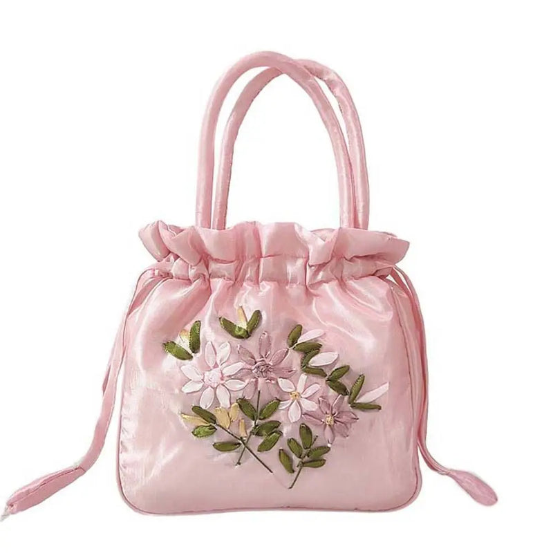 the SATCHEL - Retro Elegant Satin Silk Embroidery Totes for Women, Floral Drawstring Handbag, Woman Purse/Wallet Small Tote Bags