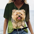 Summer New Women's V-neck Top Short Sleeve T-shirts 3D Cute Dog Print Casual Lovely Harajuku Versatile Y2K Clothes European Size