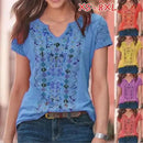 the VINTAGE BOHO - Fashion Casual V-Neck Short Sleeved Bohemian Floral Printed Blouses Loose T-Shirts
