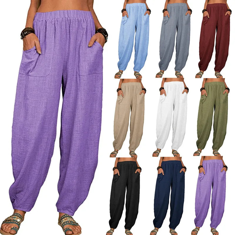 Casual Women Harem Pants Summer Female Cotton Linen Loose Wide Leg Long Pants Homewear LRFZ-922