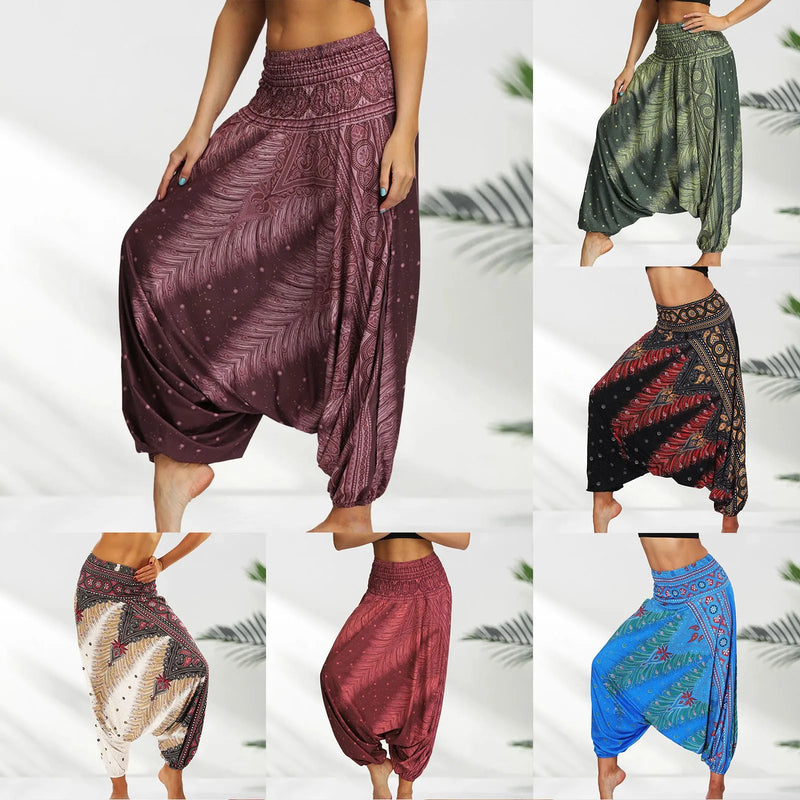 2024 Summer New Women'S Bohemian Yoga Pants Hippy Harem Smocked Waist Trousers Flowy Loose Beach Pants Women Rayon Pantalones