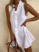the WHITE SUMMER - Elegant Beach Party Boho Casual Cotton Linen White Summer V-Neck Ruffles Sleeveless Mini Dress