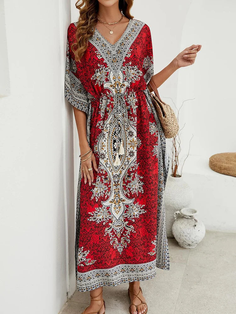 Bohemian V-neck Short Sleeve Beach Smock Dress Women 2023 Summer Loose Casual Sunscreen Print Boho Long Dresses For Women