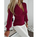 the SOCIALITE - Autumn Women Fashion Solid Color Blouse Long Sleeved V-Neck Slim Sexy Evening Blouse for Women
