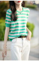 the CASHMERE - Sweater Short Sleeved Striped Sweater Pullover Knitted Cashmere Sweater for Women