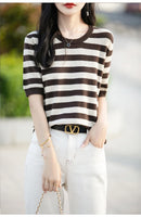 the CASHMERE - Sweater Short Sleeved Striped Sweater Pullover Knitted Cashmere Sweater for Women