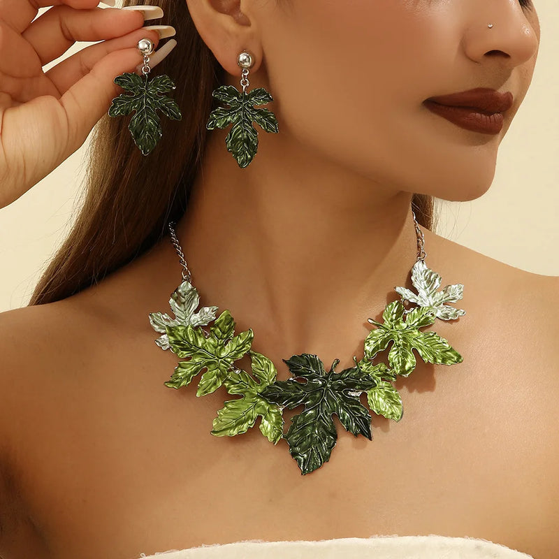 the MAPLE LEAF - Green Maple Leaf Alloy Necklace Set, Jewelry Exaggerated Leaf Necklace/Earrings