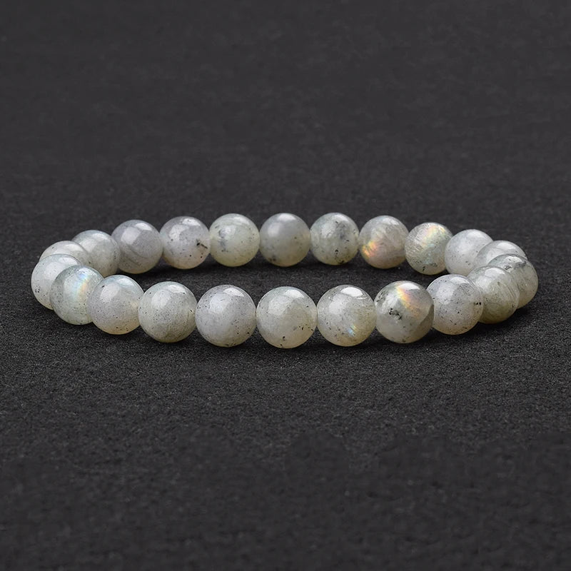 the LABRADORITE - Natural Grey Labradorite Bracelets, Flash Smooth Spectrulite Moonstone Round Elastic Beads Bracelet, Genuine Natural Stone Jewelry