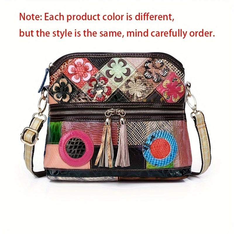 the HIPPIE HOBO - Casual Multi Color Messenger Bag, Snake Pattern Women's Colorful Flowers Splicing Tassels Single Shoulder Purse