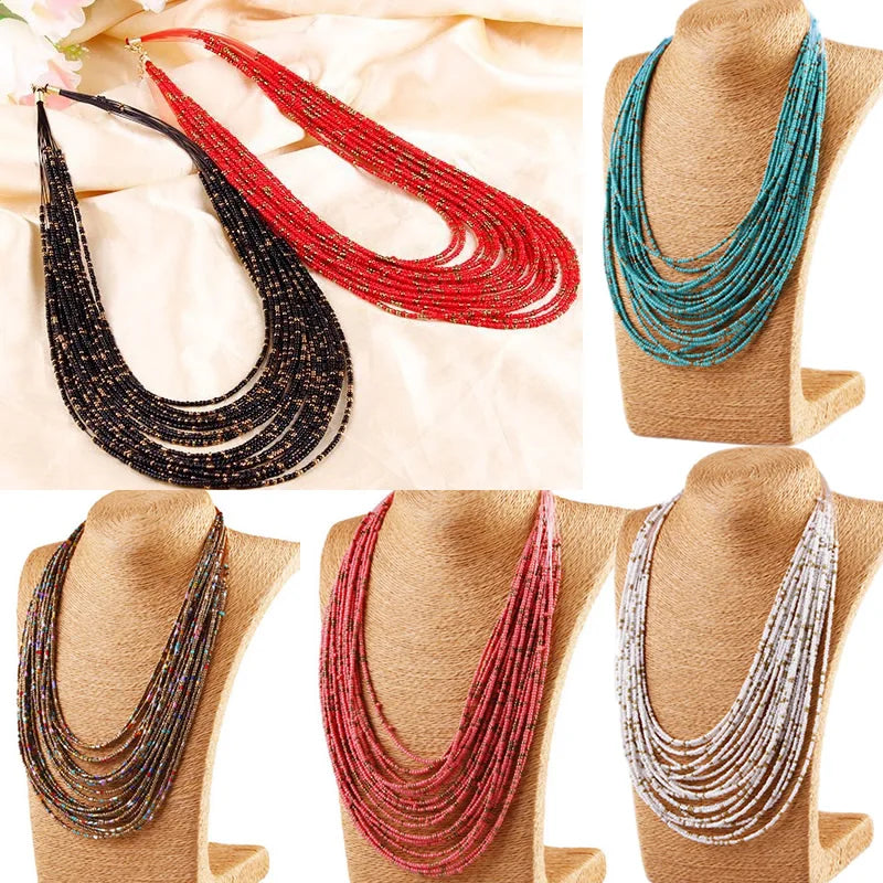 the BEADED STRANDS - African Acrylic Beads Jewelry Sets Bohemia Multi-in-One Necklace Women's Fashion Statement Multilayer Necklace Jewelry