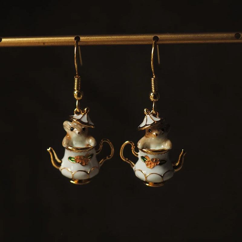 the MOUSE'S TEACUP - Fashion Enamel Mouse French Teapot Earrings/Necklace for Women, Accessories Style Jewelry Charm