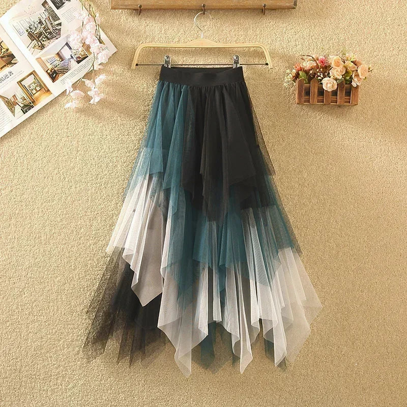 Fashion Summer Tutu Women Skirt Harajuku Tulle Bottom Faldas Casual High Waist Midi Mesh Skirts Woman Clothes Saia Jupe Femme