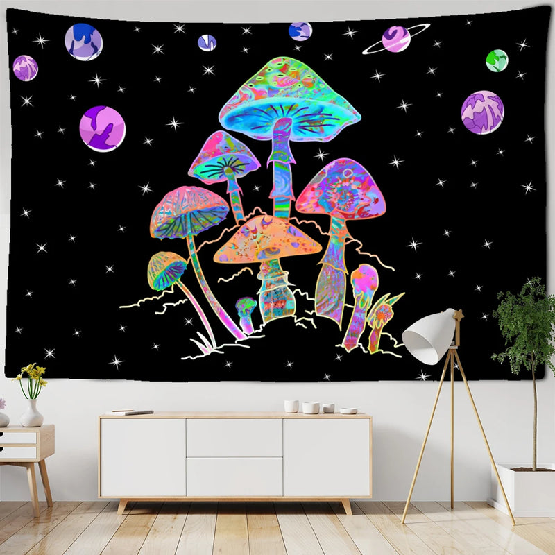 the PLANET MUSHROOM - Cartoon Planet Mushroom Tapestry Wall Hanging, Psychedelic Abstract Boho Kawaii Bedroom/Living Room/Bedroom Decor