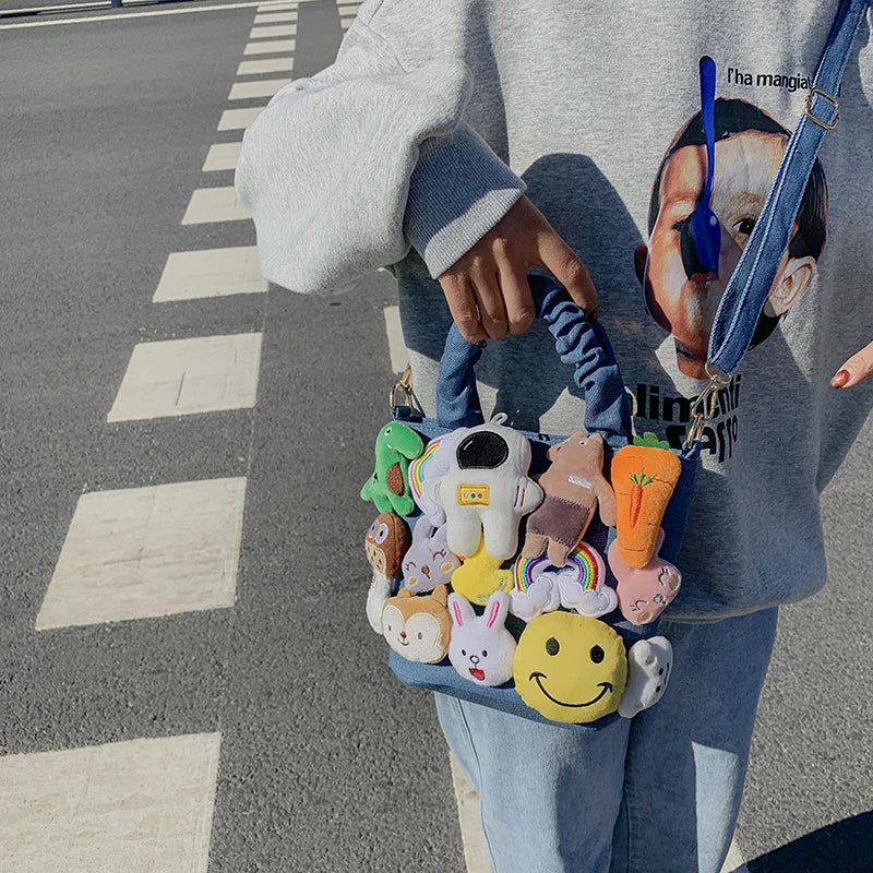 the DOLLY LLAMA - Cute Dolls Design Bucket Shoulder Crossbody Bags, Fashion Denim Cartoon Toy Decoration Tote Handbags for Women