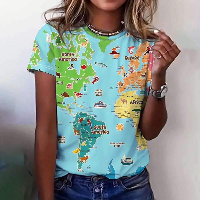 World Map Pattern Print Women's T-shirts Casual O-neck Summer Loose Short Sleeves T shirt 2024 Funny Women Clothing Pullover