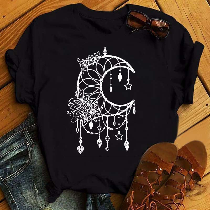 Golden Sun Moon Stars Print Women T Shirt Short Sleeve O Neck Loose Women Tshirt Ladies Tee Shirt Tops Camisetas Mujer