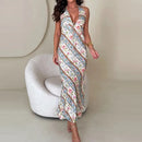 the VICTORIAN - Elegant Floral Print Bohemian Casual Sleeveless Lace Up Halter Low Cut Long Slim Party Dress