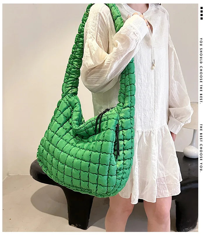 the PUFFY BOHO - Casual Ruched Hobos, Women Shoulder Bags, Quilted Padded Crossbody Bag, Large Capacity Nylon Puffer Tote Bag, Big Shopper Purses