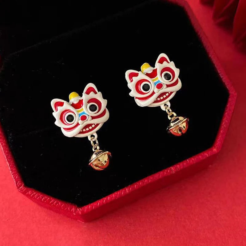 the GOOD FORTUNE - Chinese Style Red Little Lion Bell Pendant Earrings for Women, The Year of The Dragon Festive Jewelry Gifts