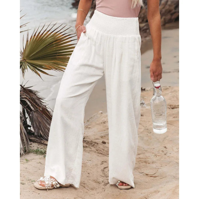 TEELYNN Casual High Elastic Waist Cotton Linen Pants Women Boho Beach Wear Wide Lag Pants Loose Oversize Casual Pants XXXL Size