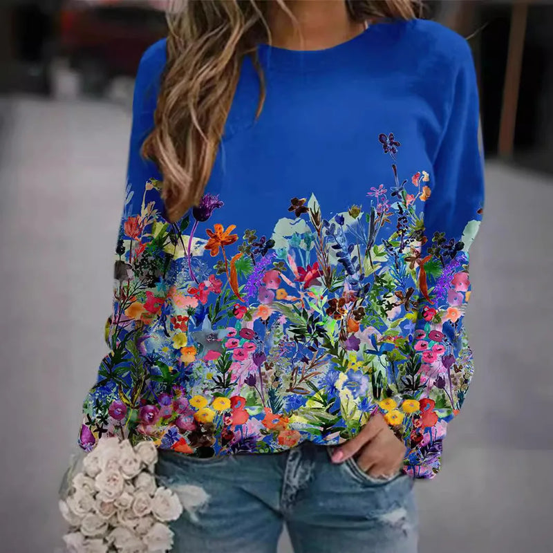 2024 New European and American Women's Flower Dog Pattern Printed Round Neck Hoodie, Casual and Fashionable Cudgeon Top