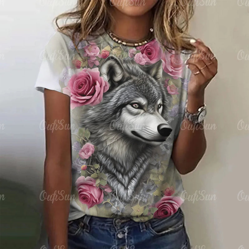 3d Wolf Print Women T-Shirts Summer Fashion Animal Gothic T-Shirt Short Sleeve O-Neck Hip Hop Tee Oversized Woman Clothing