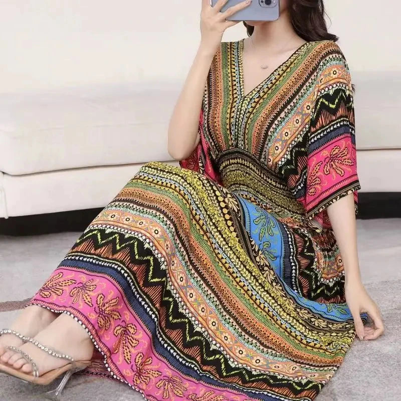 Casual Elegant Retro Bohemian National Style V-neck Elastic  Waist Large Swing Printed Summer Long Skirt Woman Dress Clothes