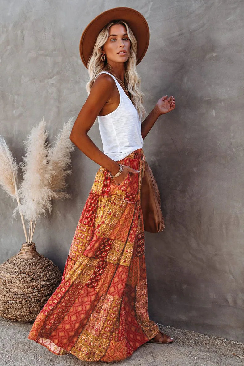 New Long Skirt Retro Skirt Loose Casual High Waist Skirt Bohemian Style Patchwork Pleated Pocket Skirt