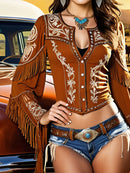 the ALAMO - Vintage Elegant Chic Boho Print Button V-Neck Slim Waist Shirt Fringed Long Sleeve Design Blouse Crop Tops