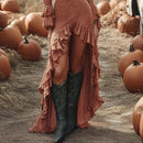 the WILD WEST COWGIRL - Retro Solid Ruffle Spring V-Neck Slim Long Sleeve Boho Maxi Dress