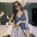 the DAINTY DAMSEL - Women Vintage V-Neck Vest Tops Summer Sleeveless Crochet Tops Hollow Lace Knitted Sling Camisole Tops