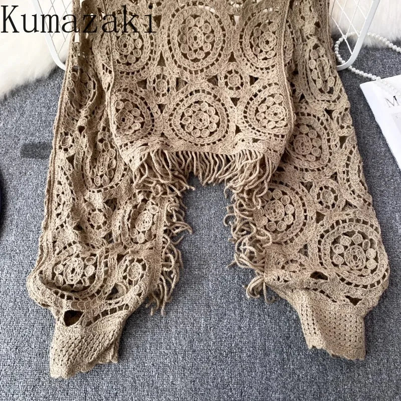 Retro ethnic style Knitted tops female tassel croche hollow out smock Female Dolman sleeve women's T-shirts casual ropa mujer