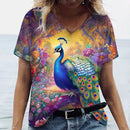 the PEACOCK - 3D Peacock Feathers Print Fashion Short Sleeve Casual V-Neck T-Shirts for Women