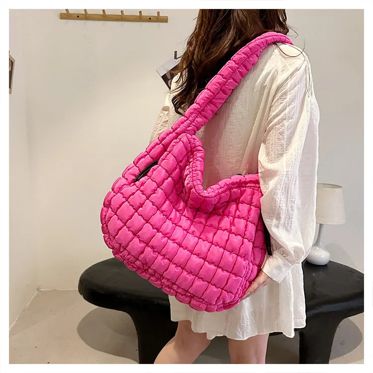 the PUFFY BOHO - Casual Ruched Hobos, Women Shoulder Bags, Quilted Padded Crossbody Bag, Large Capacity Nylon Puffer Tote Bag, Big Shopper Purses