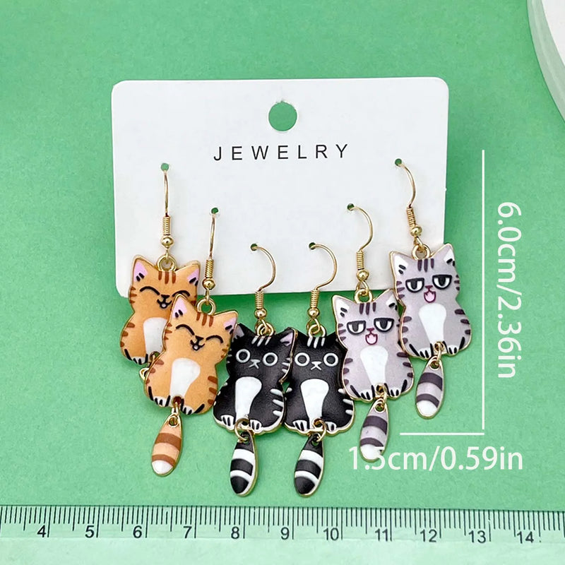 the CAT CLUB - 3 Pairs/Set Fashionable Enamel Cartoon Cute Cat Design Earrings, Jewelry Gifts for Women And Girls