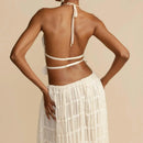 the BELLY DANCER - Sexy Boho Backless Matching Suit 2 Piece Beach Outfits Vintage Ruched Halter Cami Tops + Maxi Long Skirt