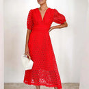 the BROCADE BOHO - Elegant Summer Hollow Out Slim Beach Long Lace Maxi Dress V Neck Puff Sleeve High Waist Dress