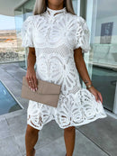 the GIRLS DAY - Elegant Collar Puff Sleeve Solid Color Sexy Lace Hook Flower Hollow Short Summer Dress
